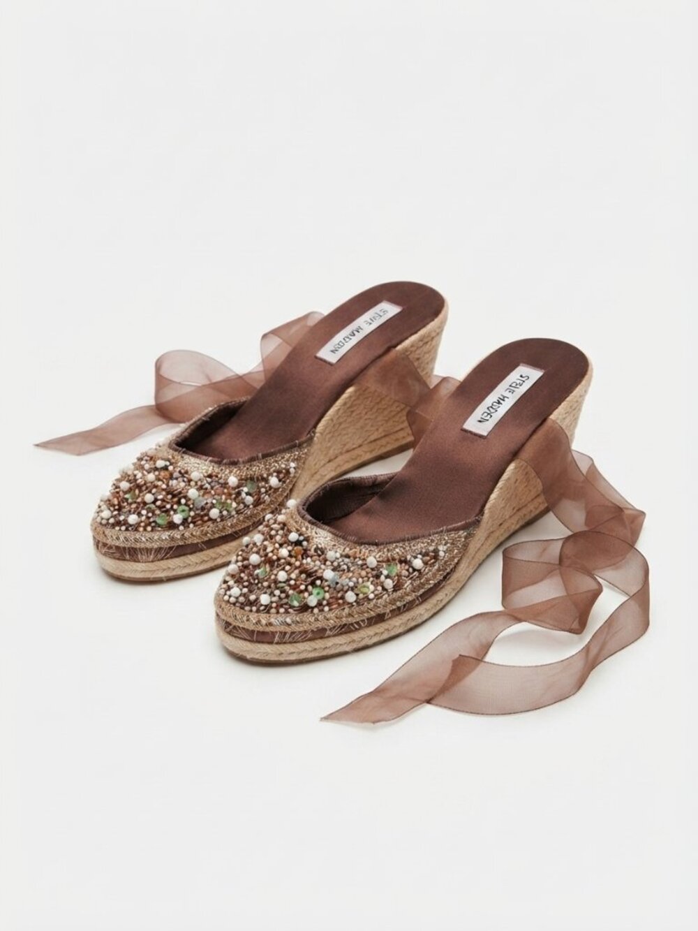 STEVE MADDEN Brown Beaded Pearl  Ribbon Ankle-Tie Espadrille Wedges - Size 8B